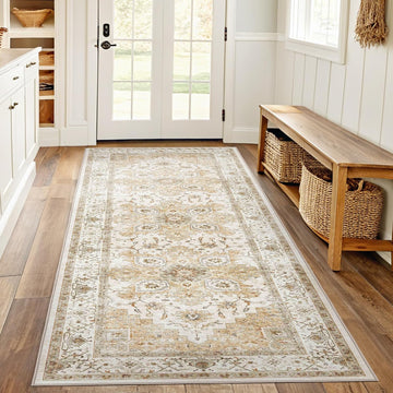 Washable Runner Rug, Low-Profile Kitchen Rugs with Non-Slip Backing & Durable Edge Binding, Vintage Entryway