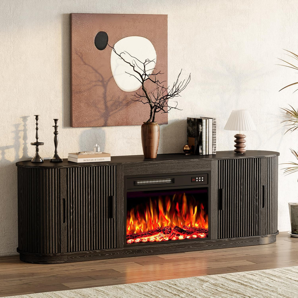 70" Fluted Fireplace TV Stand for TVs Up to 80 inches, Modern Wood TV Stand with 23" Electric Fireplace with Sliding