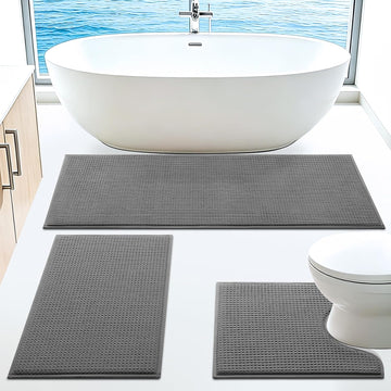 Memory Foam Bath Mat Set 3 Piece, Ultra Soft Absorbent Waffle Bathroom Rugs, Super Non-Slip PVC Backing Bath Rug