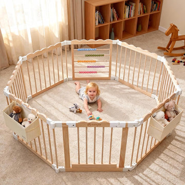 Foldable Wooden Baby Playpen, Adjustable Play Yard, 57x57x25in - Set of 2