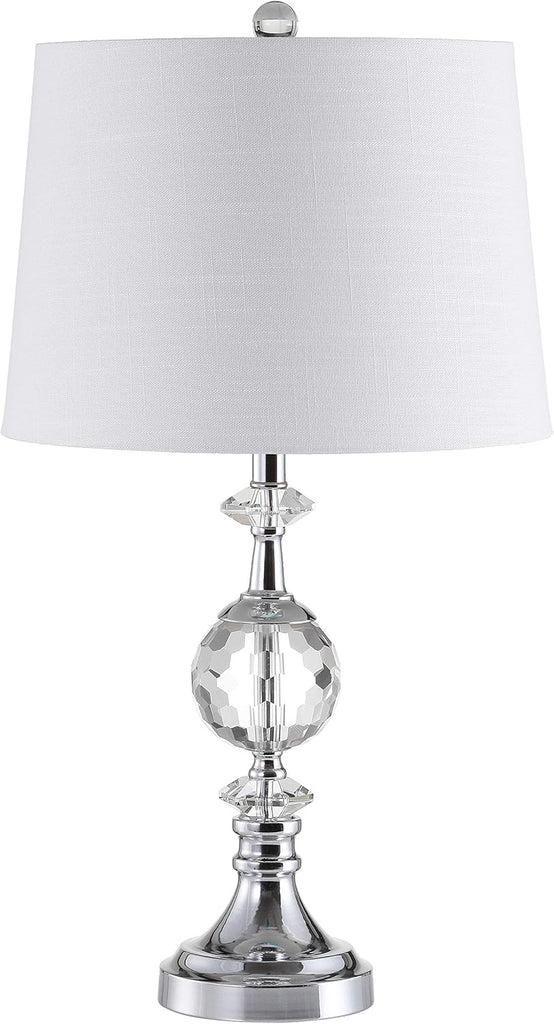 25.5" Clear Crystal and Chrome Table Lamp, Glam Faceted Sphere Bedside Lamp with White Linen Drum Sh