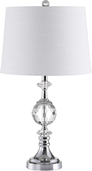 25.5" Clear Crystal and Chrome Table Lamp, Glam Faceted Sphere Bedside Lamp with White Linen Drum Shade