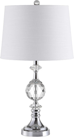 25.5" Clear Crystal and Chrome Table Lamp, Glam Faceted Sphere Bedside Lamp with White Linen Drum Sh