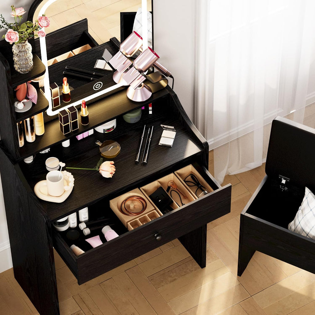 Small Vanity Desk with Mirror Lights and Storage Stool | Black compact vanity with 3 light modes, charging station