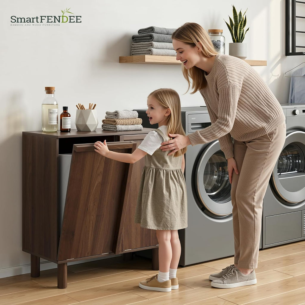 Double Laundry Hamper Cabinet, 26.2" Small Wooden Dirty Clothes Basket with Handles, Narrow Tilt-Out Laundry Sorter