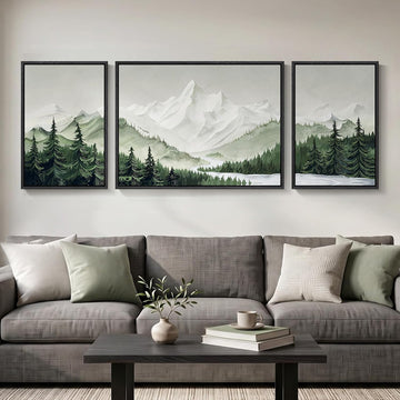 Framed Green Mountain Wall Art , 3 Piece Forest Landscape Canvas Artworks, Large Modern Nature Scenery Painting