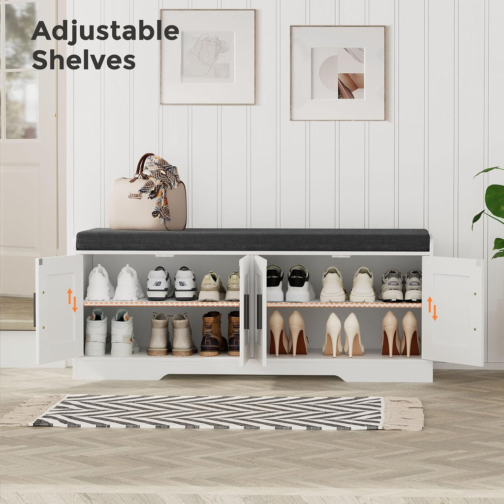 2-Tier Storage Bench, Shoe Bench with Thickened Padded Seat Cushion, Entryway Bench with 4 Doors, Adjustable Shelf