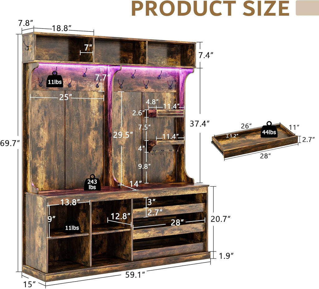 70" Large Hall Tree with Bench and Adjustable Storage Shelves, 6-in-1 Farmhouse Entryway Bench w/Coat Rack, Top