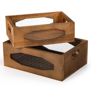 Set of 2 Wooden Nesting Countertop Baskets, Decorative Wood Storage Box Farmhouse Rustic Crate with Cutout Handles