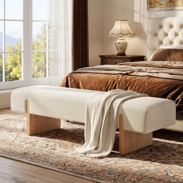 55'' Upholstered End of Bed Bench, Linen Entryway Bench with Solid Wood Legs, Farmhouse Wooden Dining Room Bench