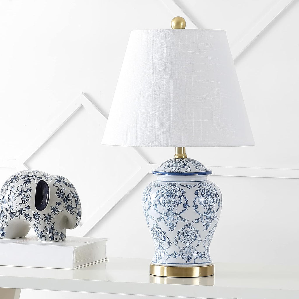 22.25" Blue/White Chinoiserie Ceramic Urn Table Lamp, Traditional Classic Nightstand Lamp Bedroom, White Linen Shade