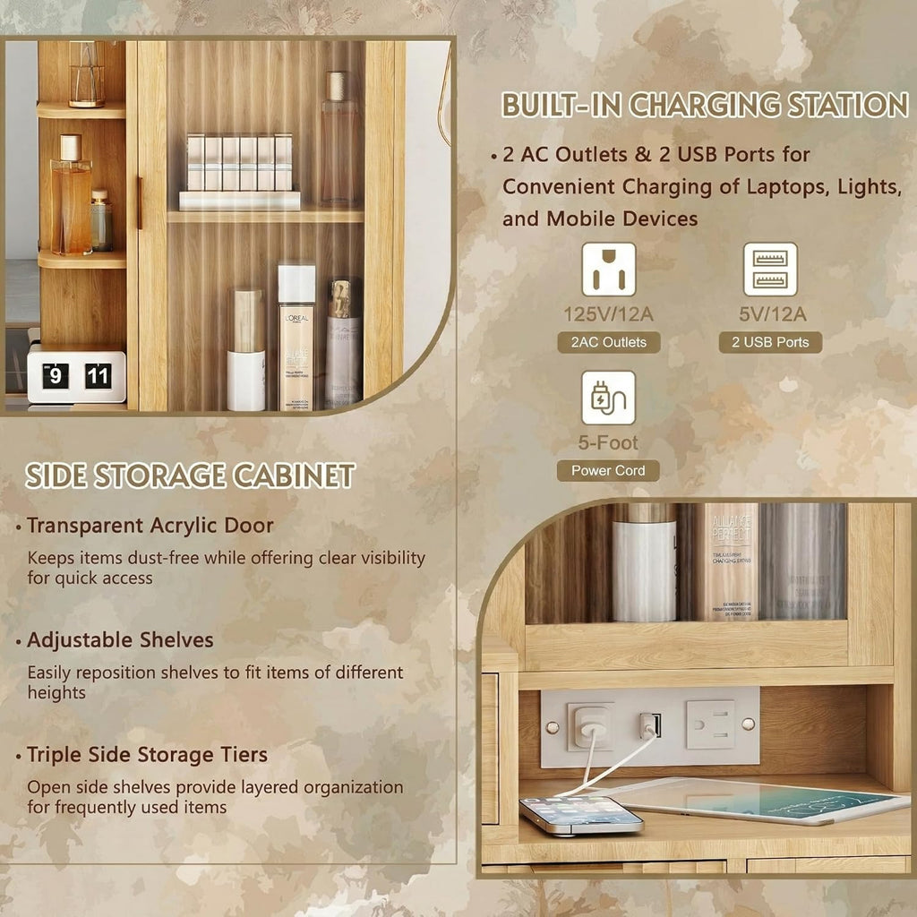 49" Wooden Vanity Desk with Mirror and Lights, Fluted Boho Makeup Vanity Table with Modern Glass Top, Charging