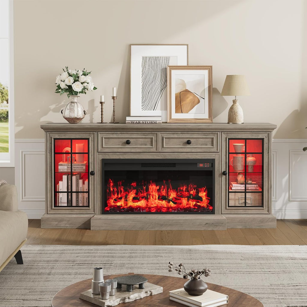 Fireplace TV Stand Up to 80" TVs, 70'' Modern Entertainment Center with 36" Electric Fireplace & LED Lights