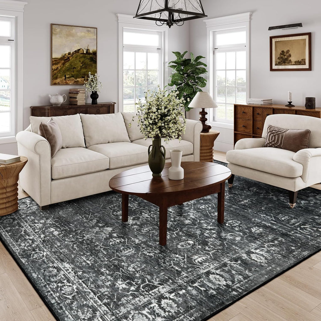 Margot Area Rugs 9x12 Living Room Soft Large Rugs for Bedroom, Boho Black Dining Room Rug, Distresse