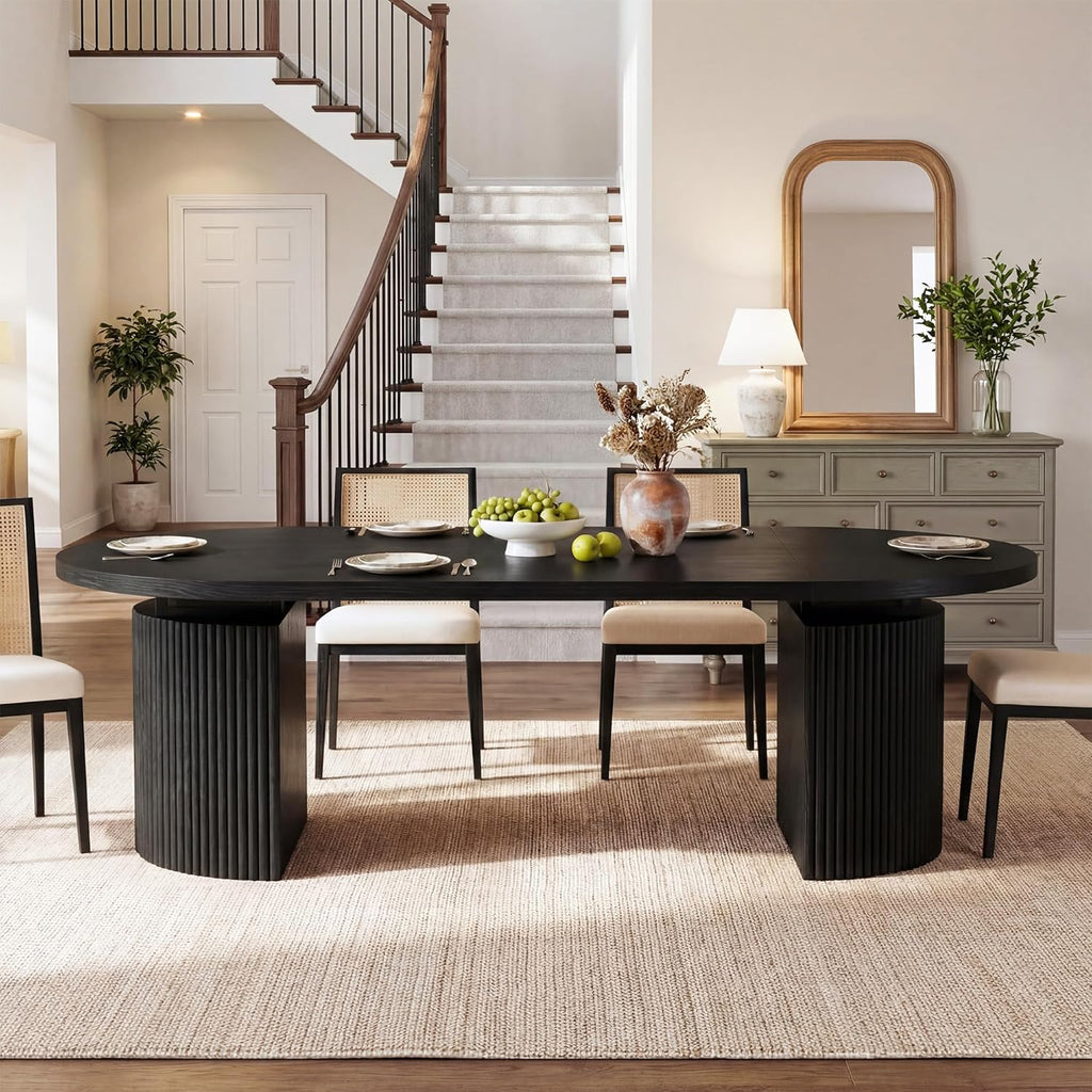 Extendable Round Dining Table for 4-8, 39in-77in Long Large Kitchen Table with Fluted Base, Space Saving Modern