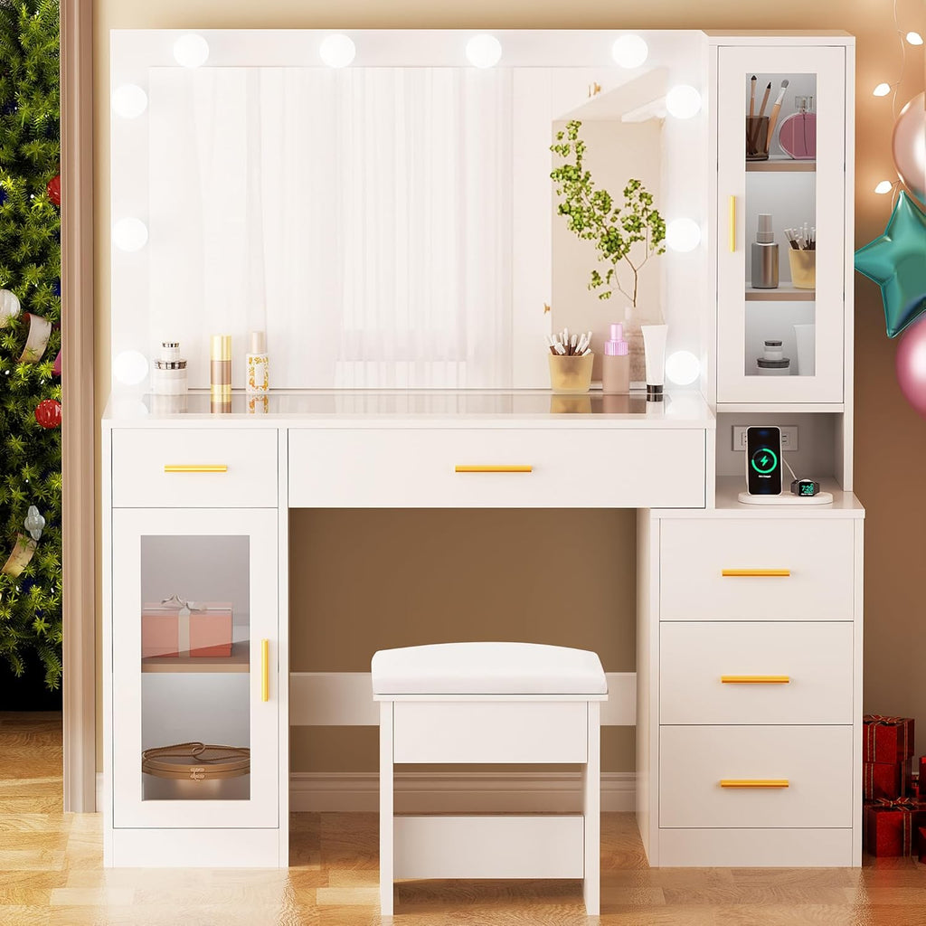 49.2" Large Glass Top Vanity Desk with Lighted Mirror and Stool | White Makeup Vanity table with Nightstand,Power
