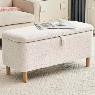 Boucle Storage Ottoman Bench end of Bed, Sherpa Upholstered Shoe Seat Storage Bench Bed Foot, Rectangle Cushion