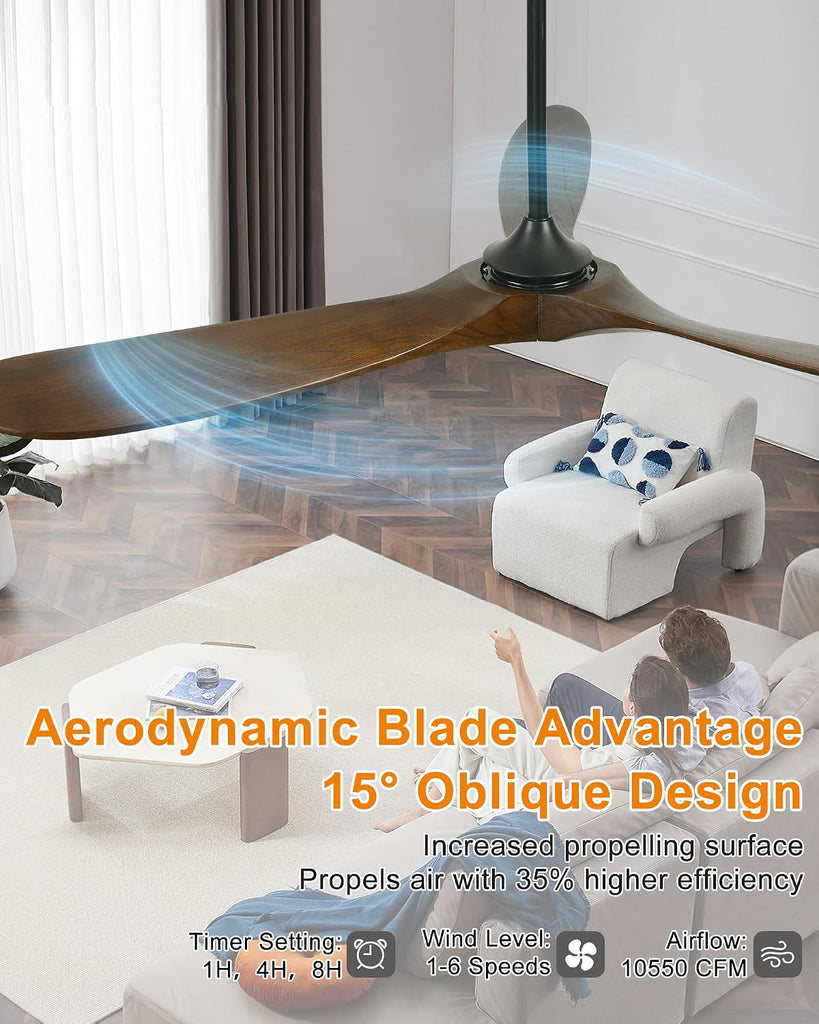 72" Ceiling Fans without Lights, Wood Large Ceiling Fan no Light with Remote Alexa Google App