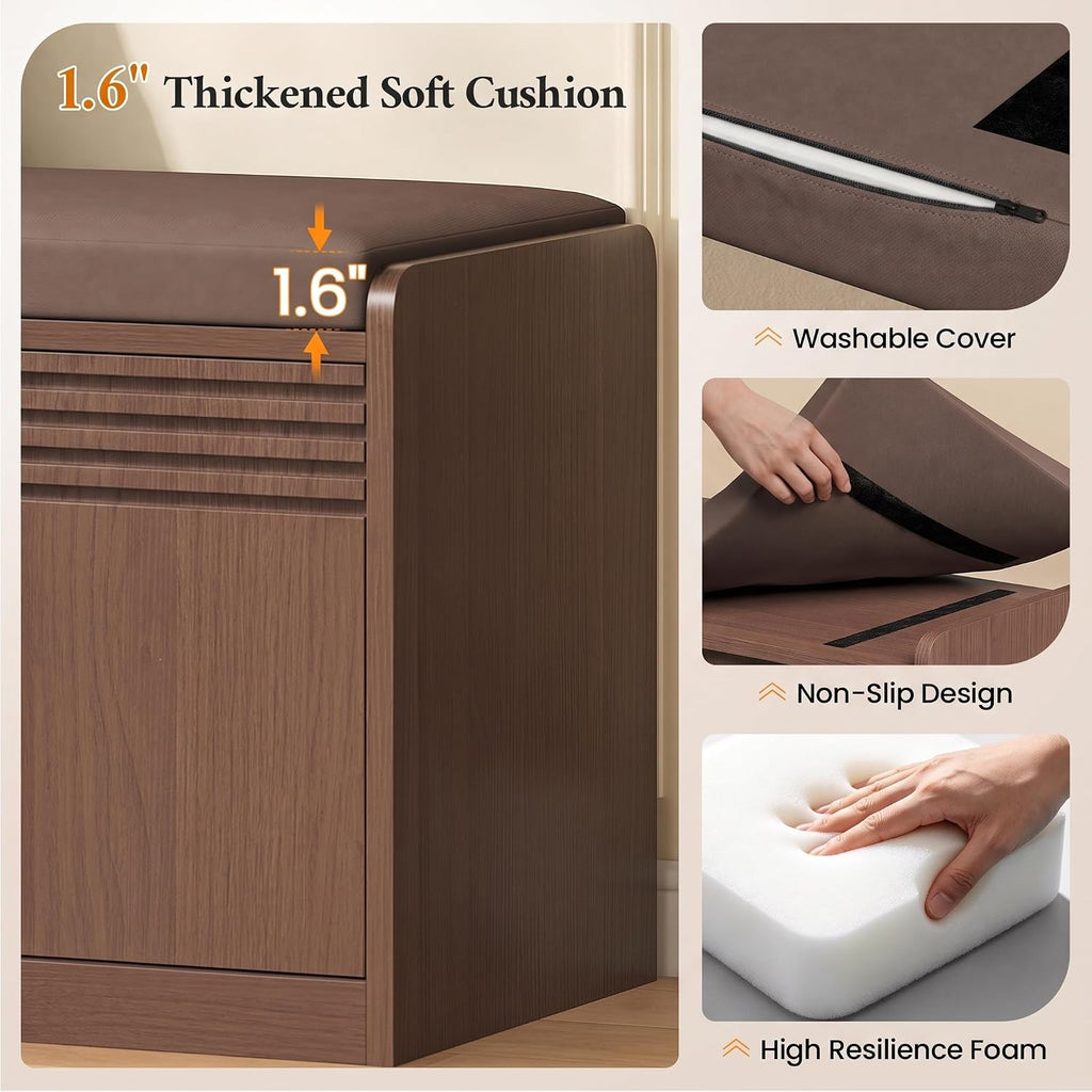 45.3" L-Shaped Storage Bench, Entryway Bench with Shoe Storage and Cushion, 3-Level Adjustable Shelves Flip Drawer &