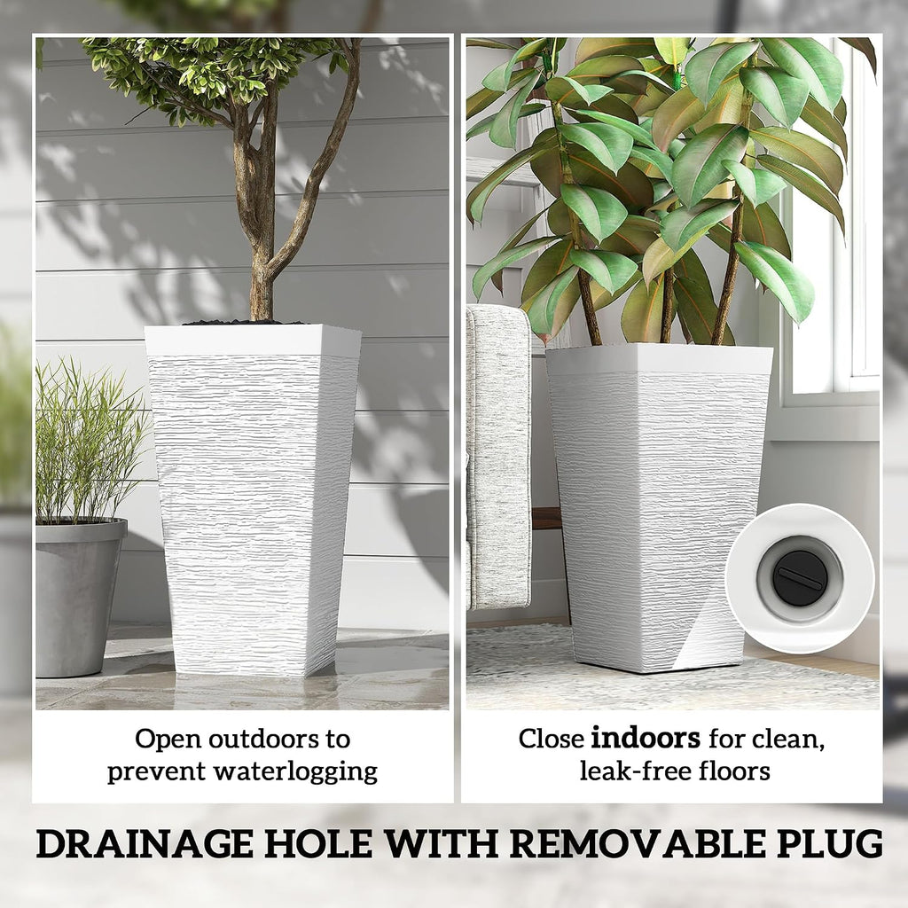 22.8 Inch Tall Planters for Outdoor Plants Set of 3, White | Wheels, Flower Pots, Stone Finish, Stackable Tapered