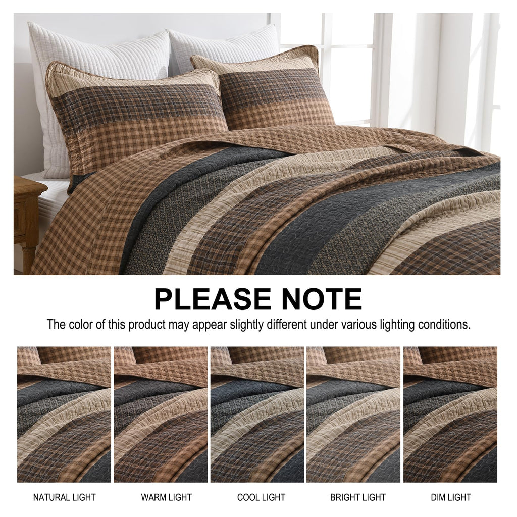 100% Cotton Farmhouse Quilt, Bedspread Set with Pillow Shams, Rustic Patchwork Striped Bedding