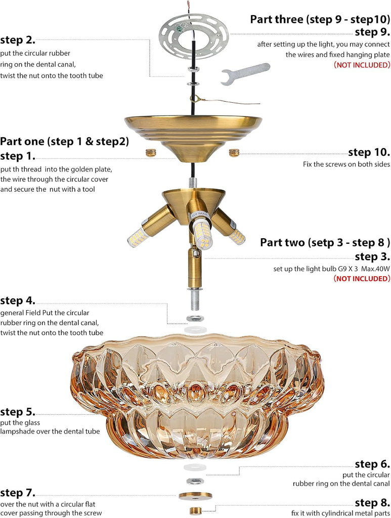 Semi Flush Mount Ceiling Light,Vintage Gold Hallway Lights Fixture | 11IN 3-Bulb Bright Even Light,Amber Glass Close