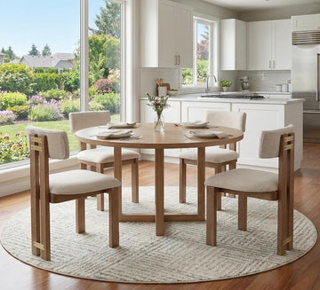 Linen Wooden Dining Chairs Set of 4, Modern Farmhouse Dining Room Kitchen Chairs with Curved Backrest Natural Wood