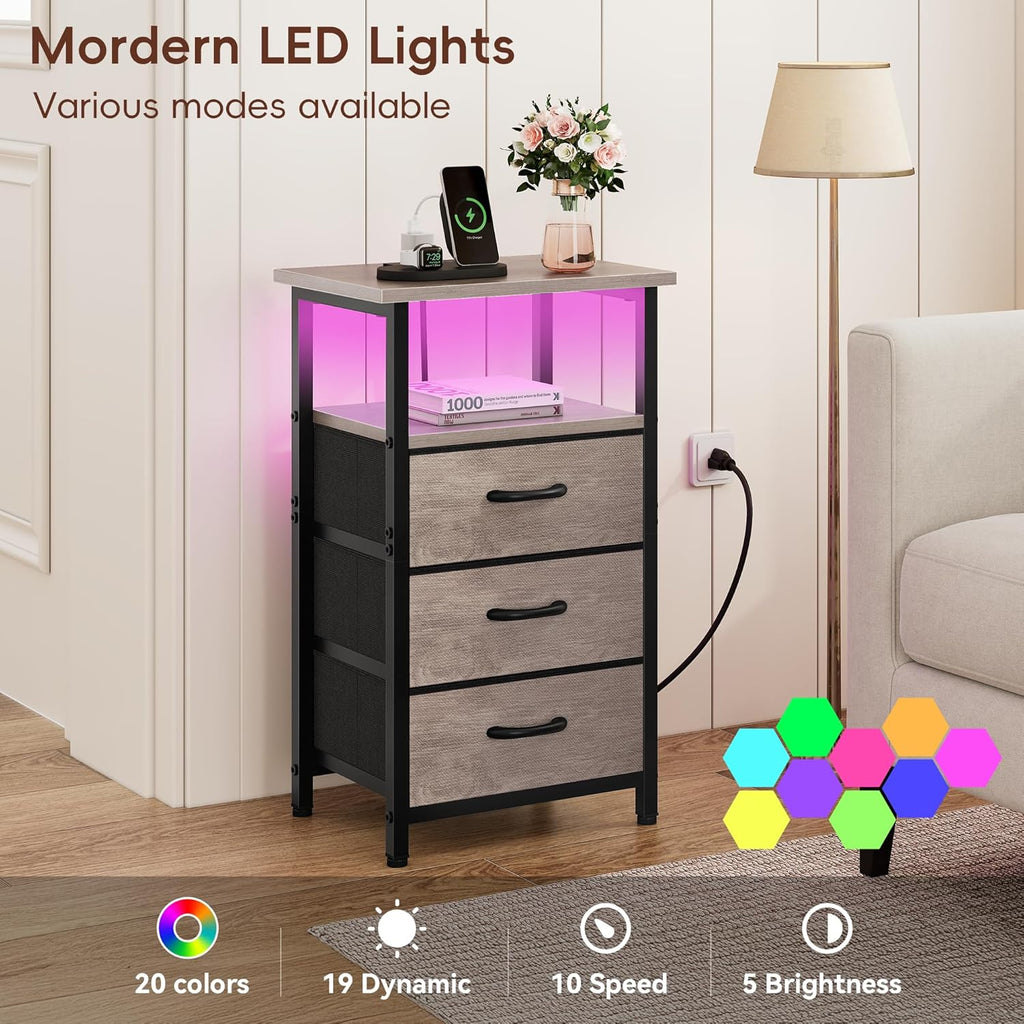 Night Stand Set 2 with Charging Station, LED Nightstand , Bedside Table with 3 Fabric Drawers, End Table Side Table