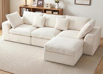 110" Cloud Sectional Couches , L-Shaped Convertible Sofa, 3-Seat Modular Boneless Couch with Movable Ottoman, Beige