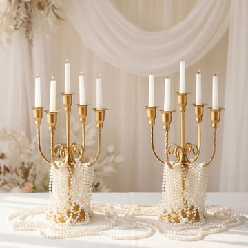 Metal Gold Candelabra Centerpiecedle Stand with 39.3 ft Pearl Chains 11.8'' Tall 5-branch Vintage Taper Candlestick