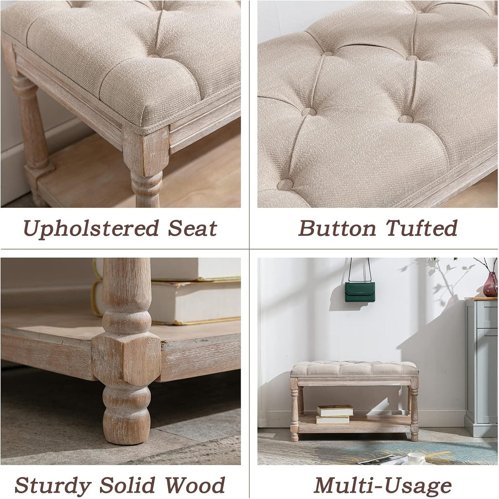 Farmhouse Storage Bench Wooden Entryway Linen Upholstered Ottoman Button Tufted Bench End of Bed Hallway Organizer
