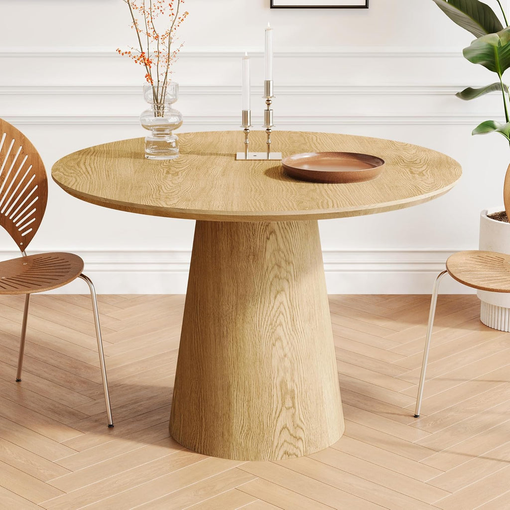 43" Round Dining Table for 4, Modern Natural Wood Grain Dining Table with Cone Wood Pedestal Base, Circle Dining Room