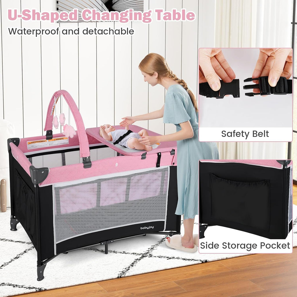 3 in 1 Pink Pack and Play, Travel Baby Crib Bassinet Bed with Bassinet for Girl, Changing Table w/Safety Belt