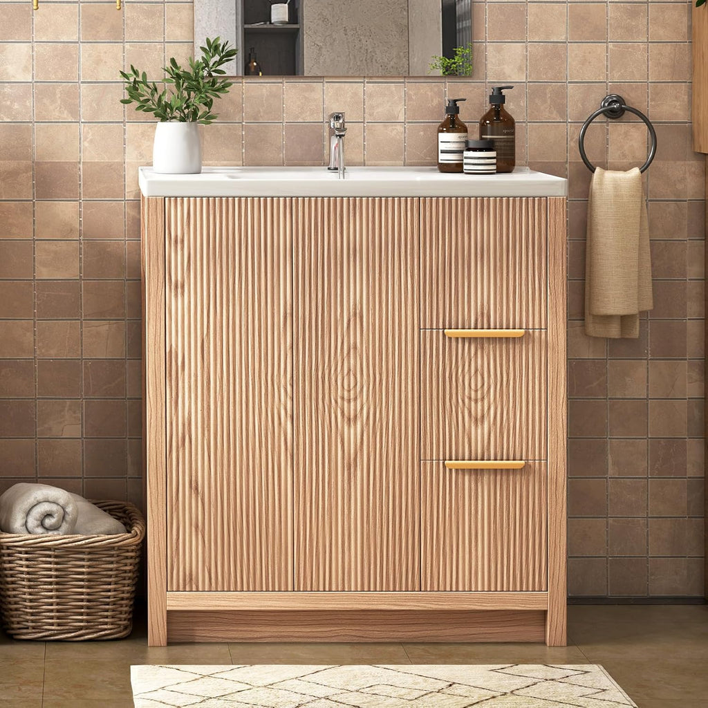 31.5-Inch Fluted Bathroom Vanity with Ceramic Sink – Modern Freestanding Cabinet with 2 Drawers, Natural Oak