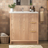 31.5-Inch Fluted Bathroom Vanity with Ceramic Sink – Modern Freestanding Cabinet with 2 Drawers, Natural Oak