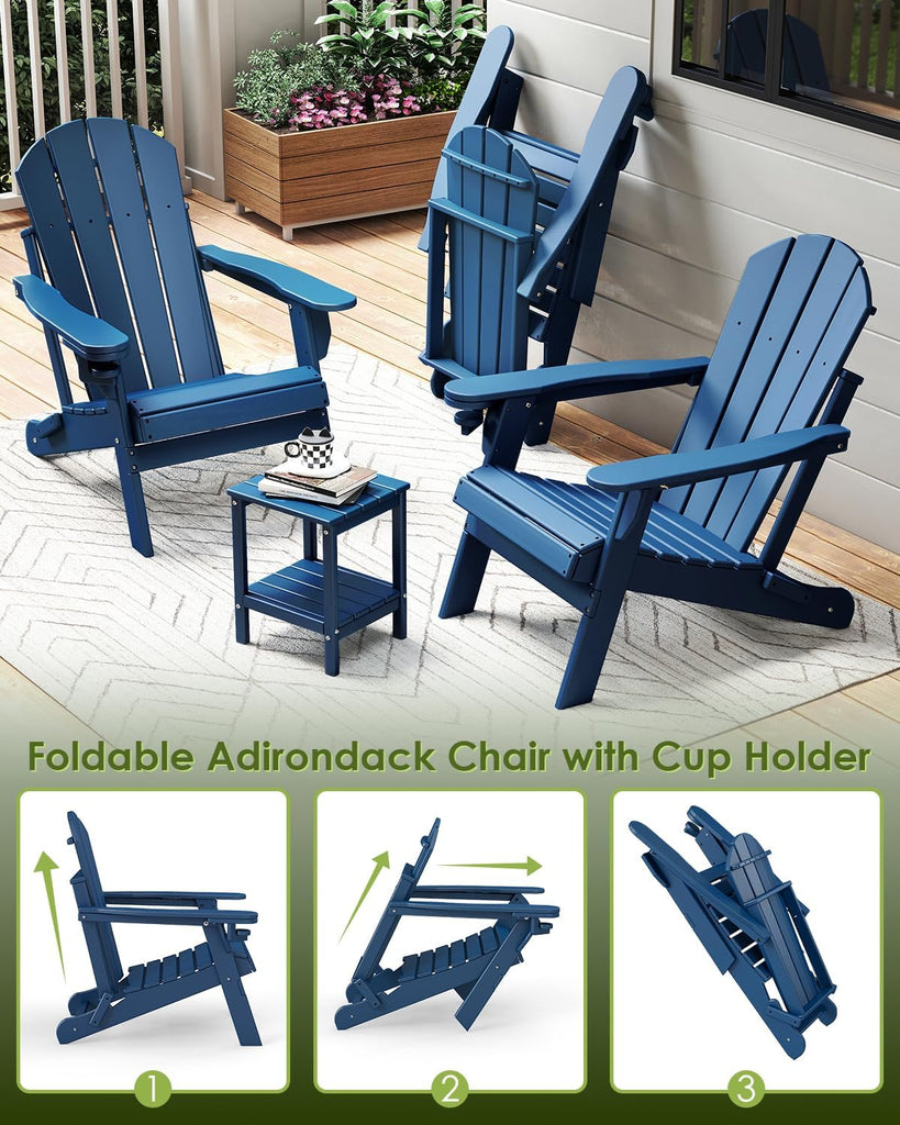 Folding-Adirondack-Chairs Set of 2, HDPE All Weather, Blue | Hidden Cup Holder | 5" Wide Armrests | Foldable Fire Pit