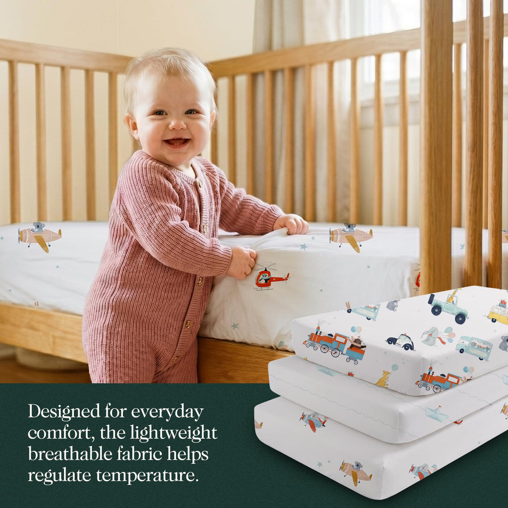 100% Organic Cotton Mini Crib Sheets, 27" x 39", Tiny Explorers, 3-Pack
