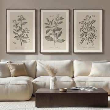 Large Framed Botanical Wall Art, 3 Piece Neutral Plant Canvas Painting Prints Artwork for Farmhouse Walls, Vintage