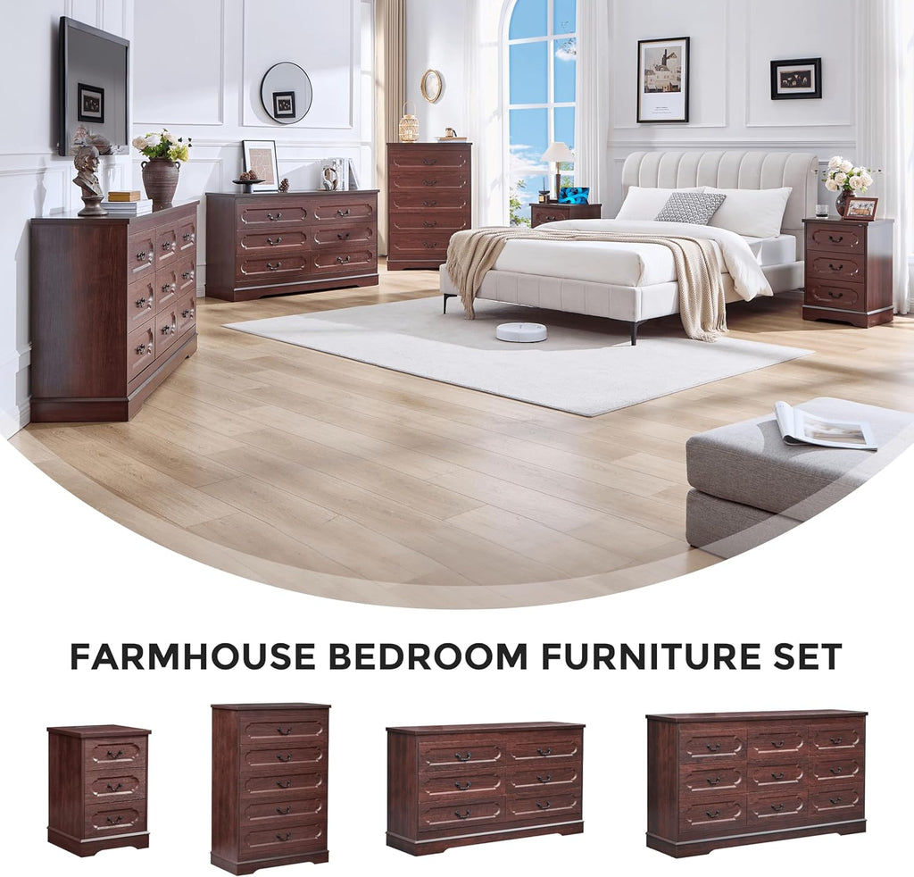 6 Drawer Dresser Cherry Bedroom Dresser 47.2" Wide Wood Cabinet | Farmhouse Wood Chest of Drawers , Modern Rustic