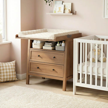 Changing Table Dresser with Foldable Tabletop, Baby Dresser with 2 Wide Drawers & Open Storage Space, Modern Diaper