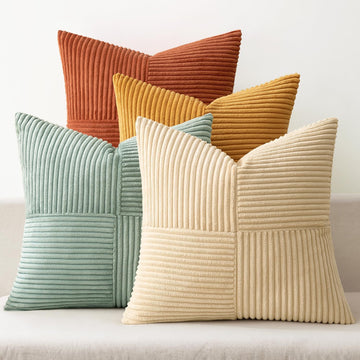 Teal Orange Decorative Throw Pillow Covers 18x18 Inch Set of 4 Boho Corduroy Striped Cushion Cases Modern Farmhouse