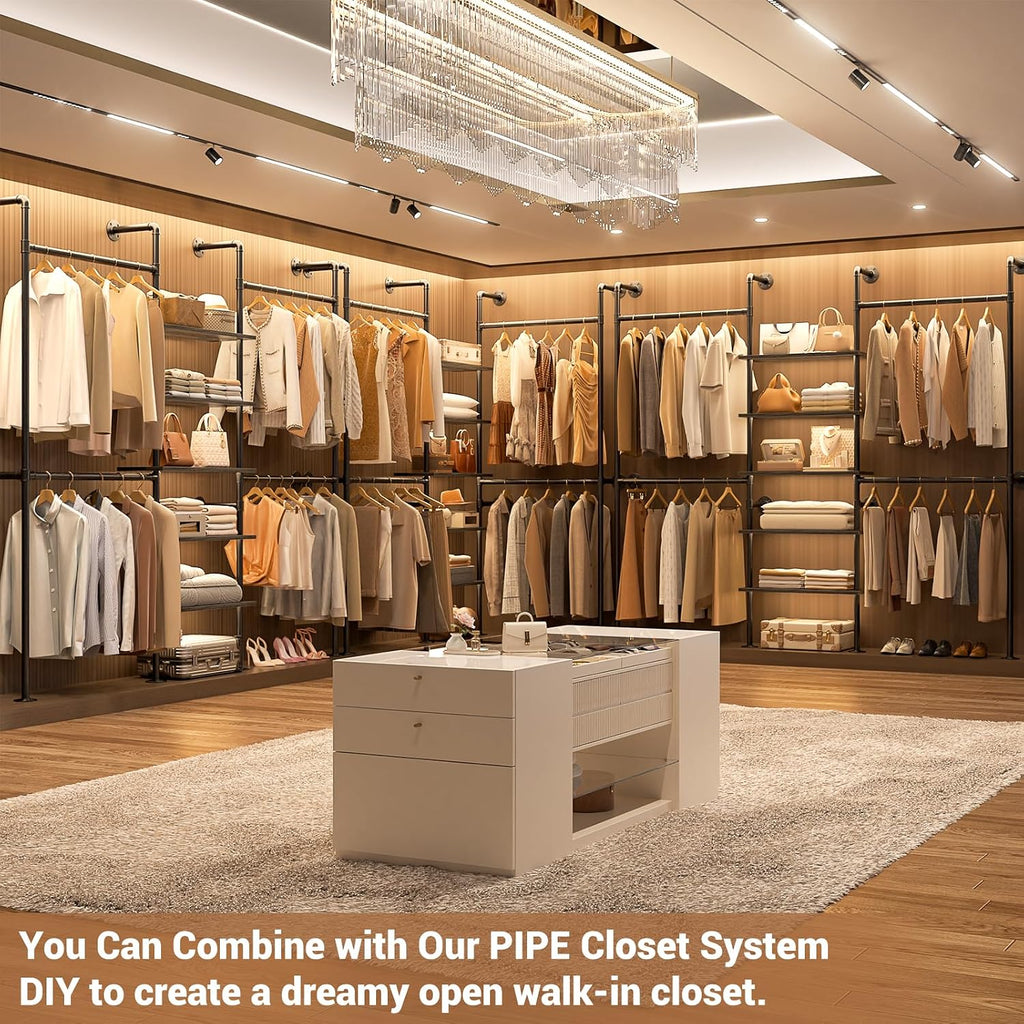 Industrial Pipe Clothing Rack, Reversible 6.42FT Clothes Rack for Hanging Clothes, Heavy Duty 5 Tier Wardrobe Closet