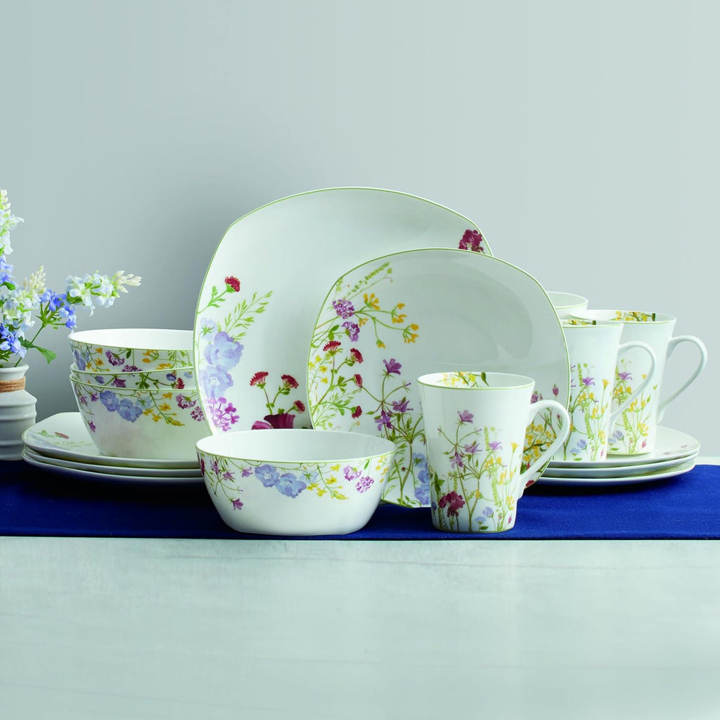 Wildflower Garden Dinnerware Set, 16-Piece Bone China Dishes Service for 4, Square Plates and Bowls Set with Mugs