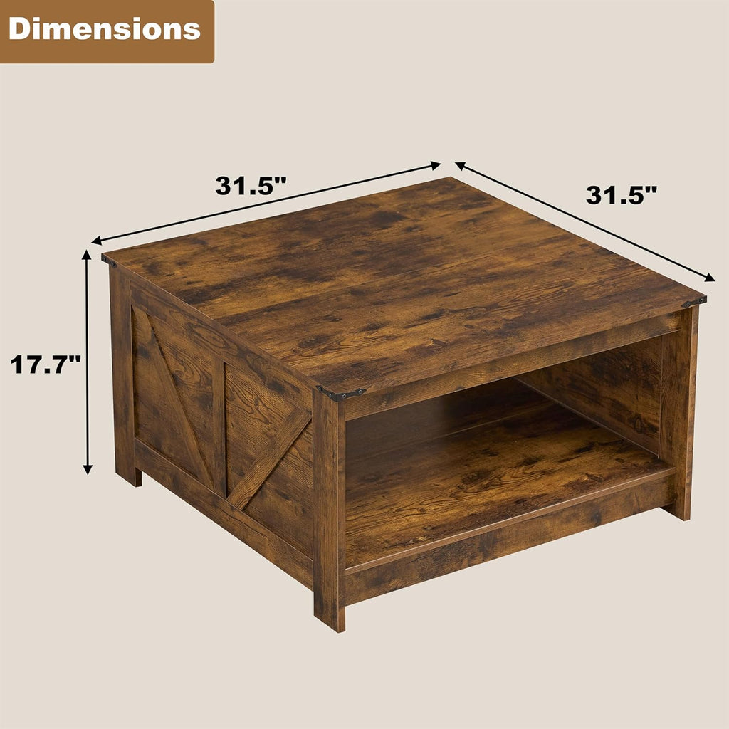 Farmhouse Coffee Table, Wood Square Coffee Tables, 31.5" D x 31.5" W, Rustic Brown
