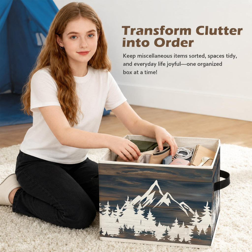 Rustic Forest Mountain Storage Box Bins, Camping Hiking Lover Gifts Collapsible Storage Basket Organizer Laundry Room