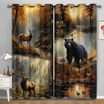 Rustic Cabin Blackout Curtains, Deer Moose Black Bear Curtains, Forest Animal Wildlife Mallard Duck Country