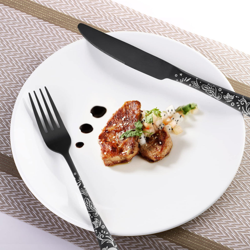 40 Piece Skull Pattern Matte Silverware Set for 8, Black Flatware set Service for 8, Gothic Unique Skull Pattern