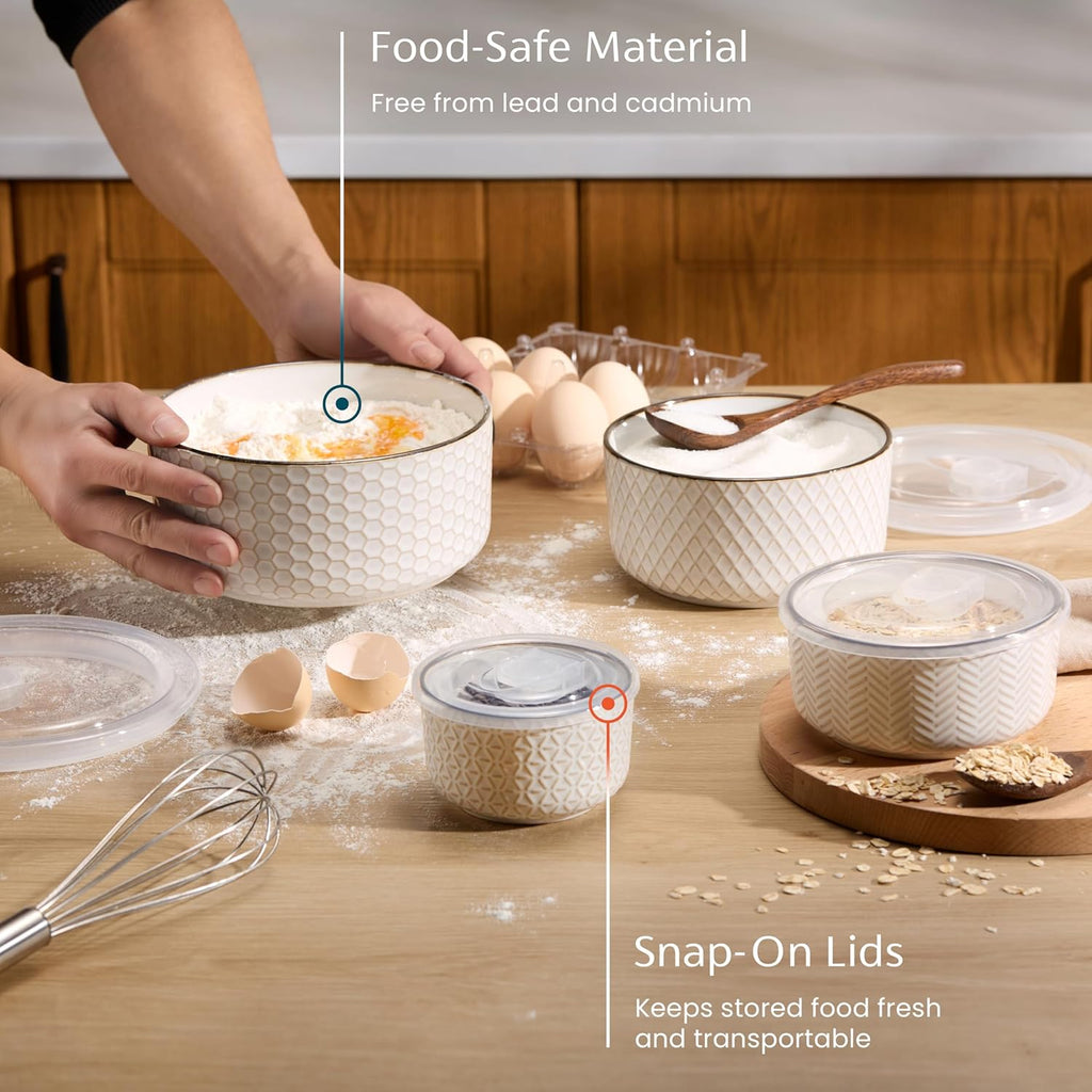 Serving Bowls, with Lids, Ceramic Nesting Bowls, Set of 4, Embossed, Kitchen, Prep, Stackable, Gift, Microwave and