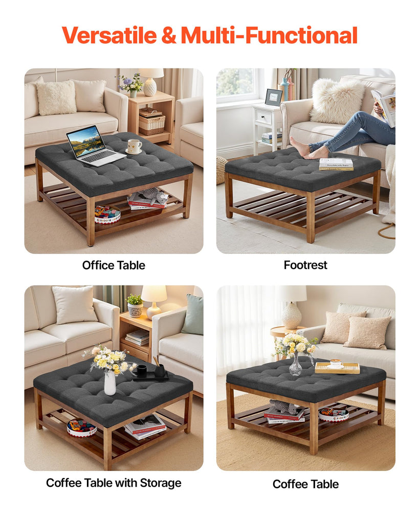 Large Square Ottoman Coffee Table, 34.5 Inch Tufted Coffee Table with Solid Wood Shelf Storage, Linen Solid