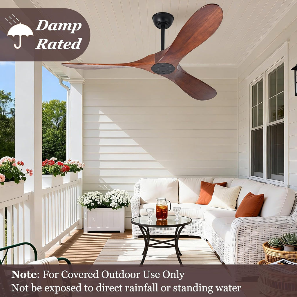 Inspired Maverick Style 60" Ceiling Fans Without Lights, 60 Inch Outdoor Ceiling Fans no Lights, 3 Blade Solid Wood Damp Rated Ceiling Fan with Remote Control for Living Room Gazebo Farmhouse/Patios Porch - Dark Walnut